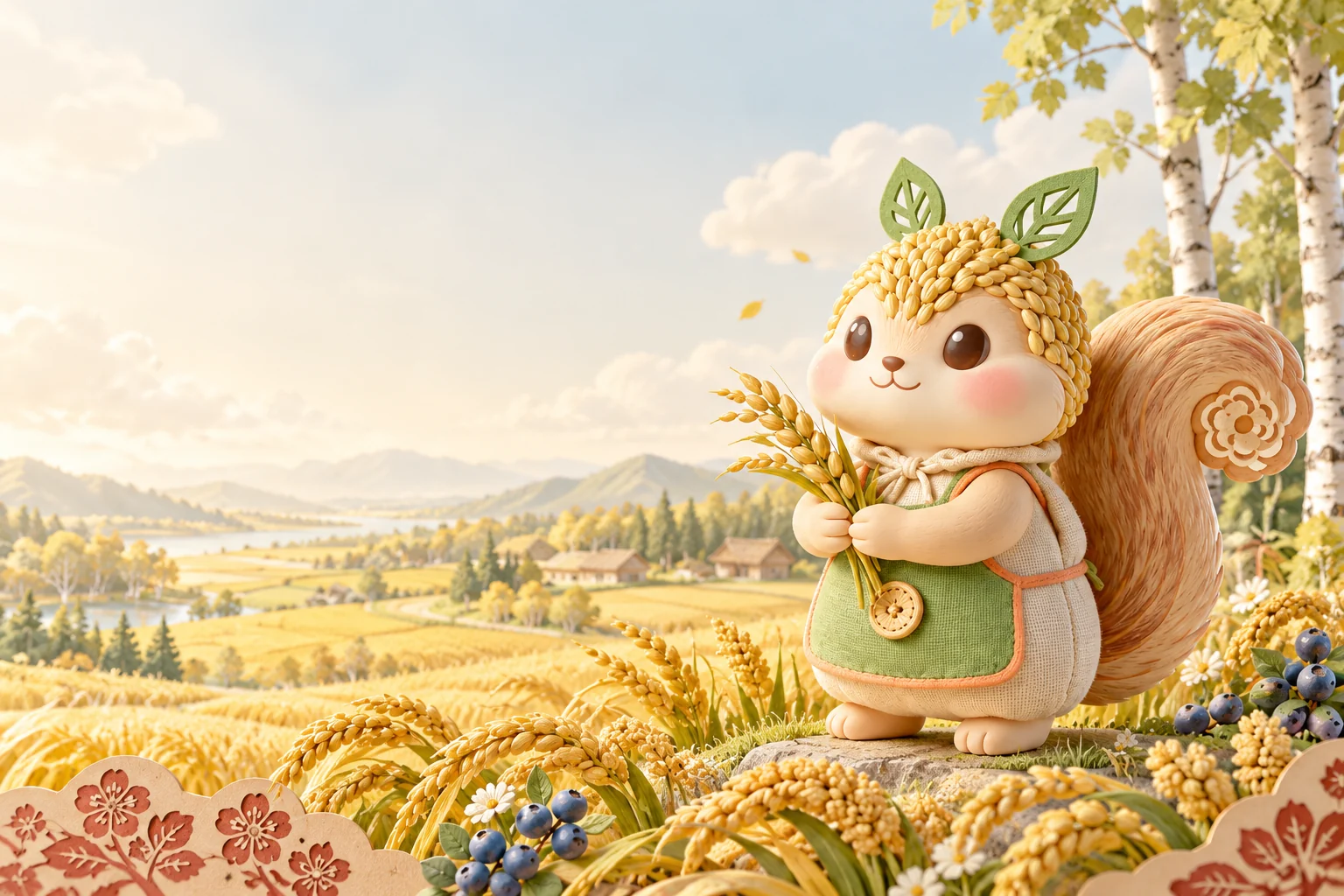 金色田野与谷穗松鼠，禾贝原创AI主题插画
