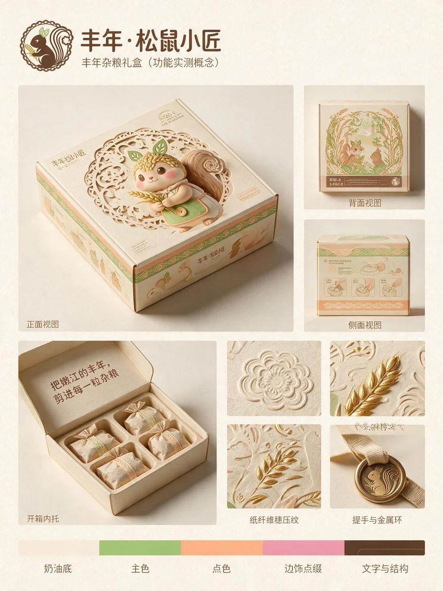 丰年松鼠小匠杂粮礼盒的多角度包装概念展板